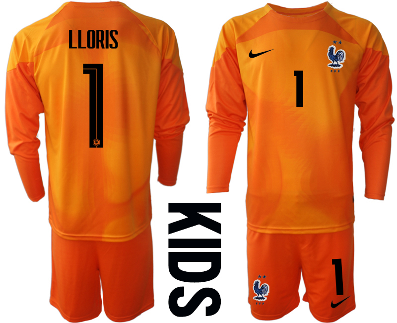 Youth 2022 World Cup National Team France orange goalkeeper long sleeve #1 Soccer Jersey->youth soccer jersey->Youth Jersey